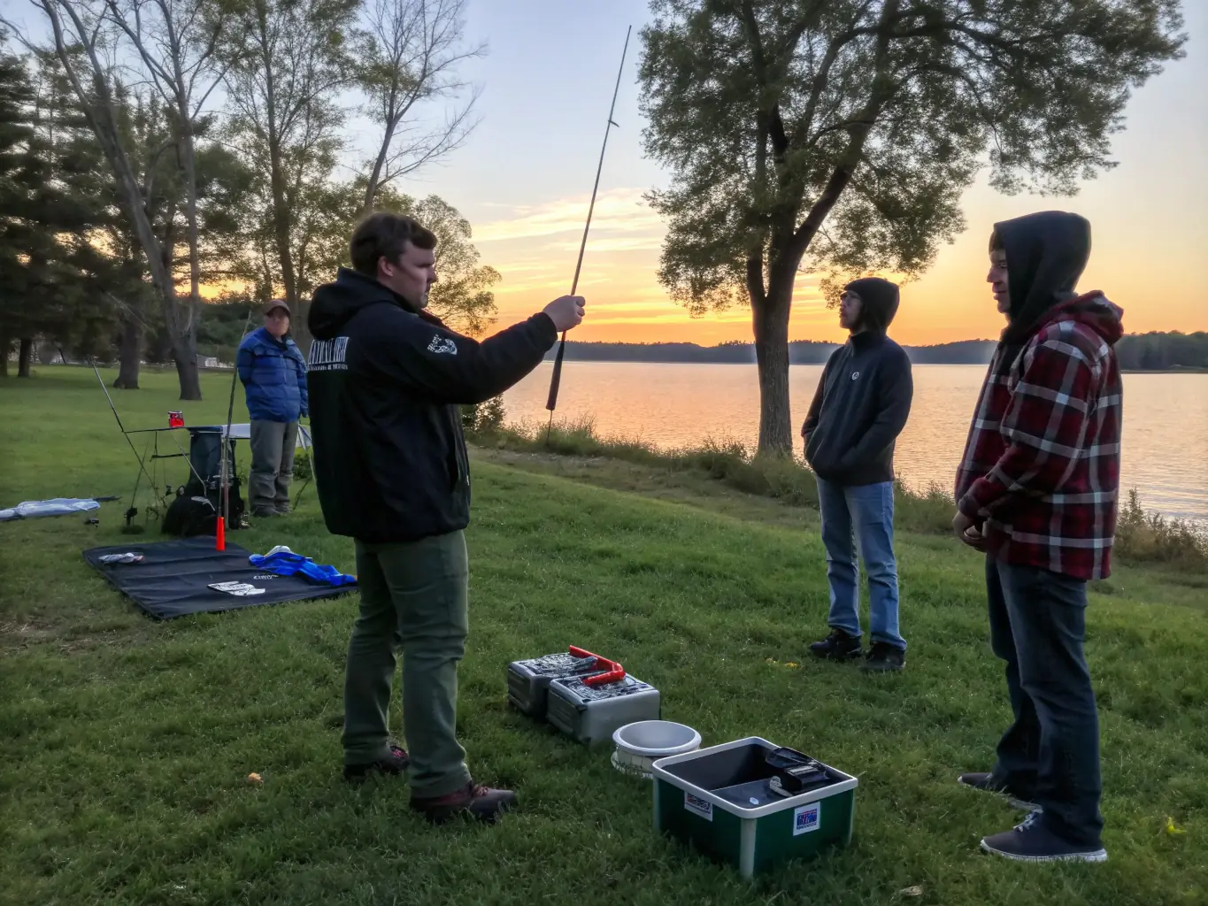 A group of anglers participating in a fly fishing workshop on the banks of a clear river, demonstrating casting techniques under the guidance of an experienced instructor.