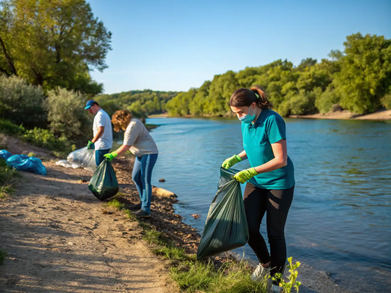 Volunteers cleaning up a riverbank, collecting trash and debris to maintain a healthy aquatic ecosystem.