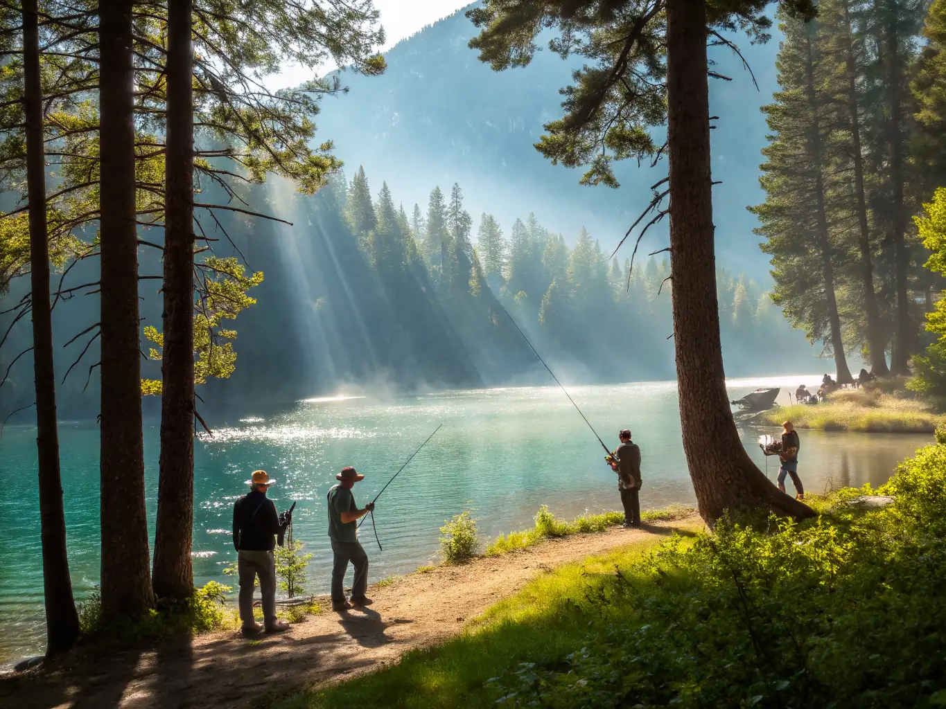 A scenic image of a freshwater fishing competition, showcasing participants of various ages and backgrounds casting their lines into a lake surrounded by lush greenery.