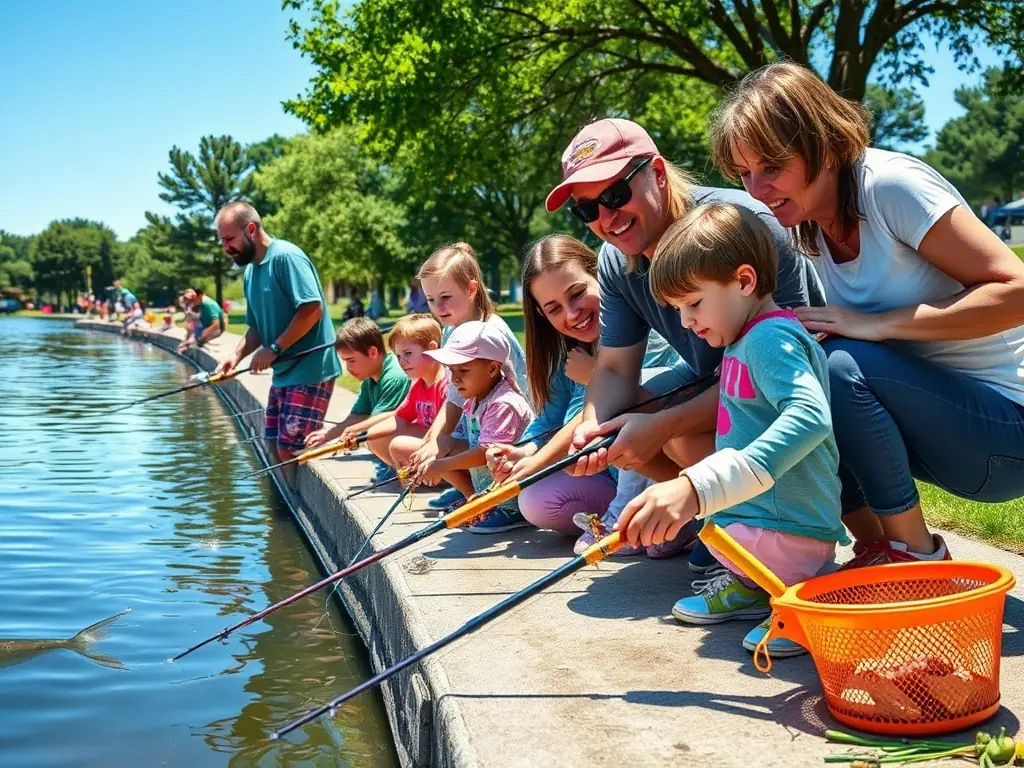 A group of young anglers learning about fish species identification during an educational program by the river.