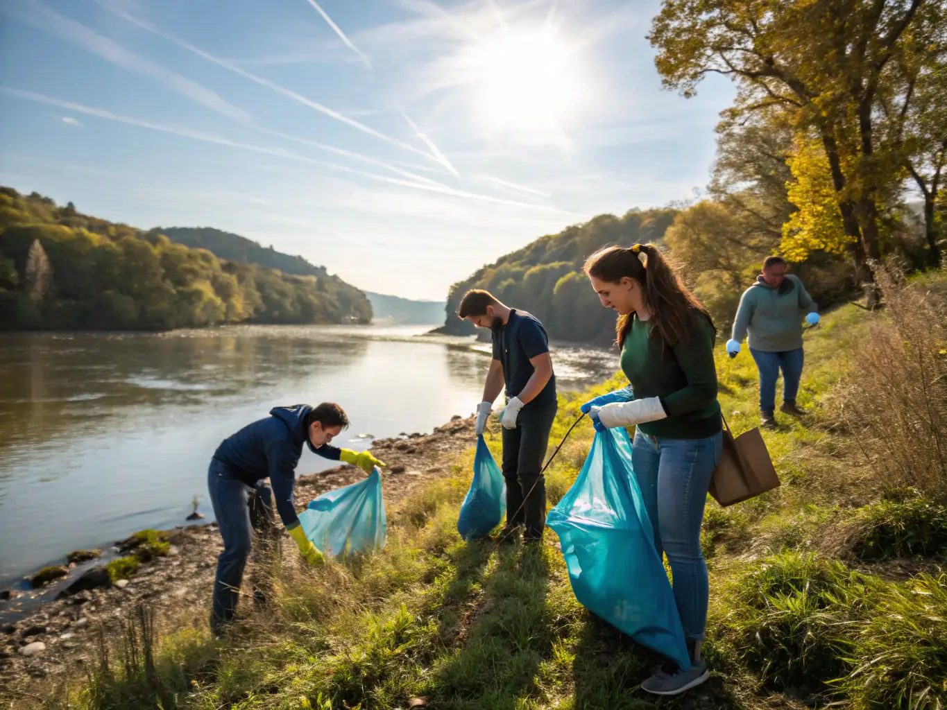 A photograph of volunteers cleaning up a riverbank, collecting trash and debris to maintain the natural beauty and health of the ecosystem.